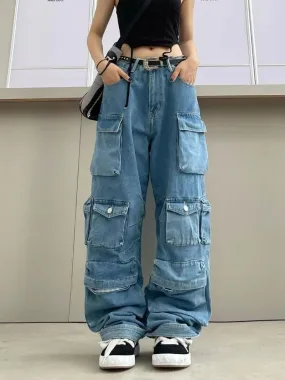 Multi-Pocket Blue Washed Cargo Pants Y2k Retro High Street Fashion High Waist Jeans