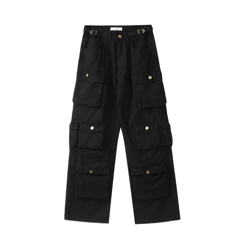 Multi-Pocket Blue Washed Cargo Pants Y2k Retro High Street Fashion High Waist Jeans