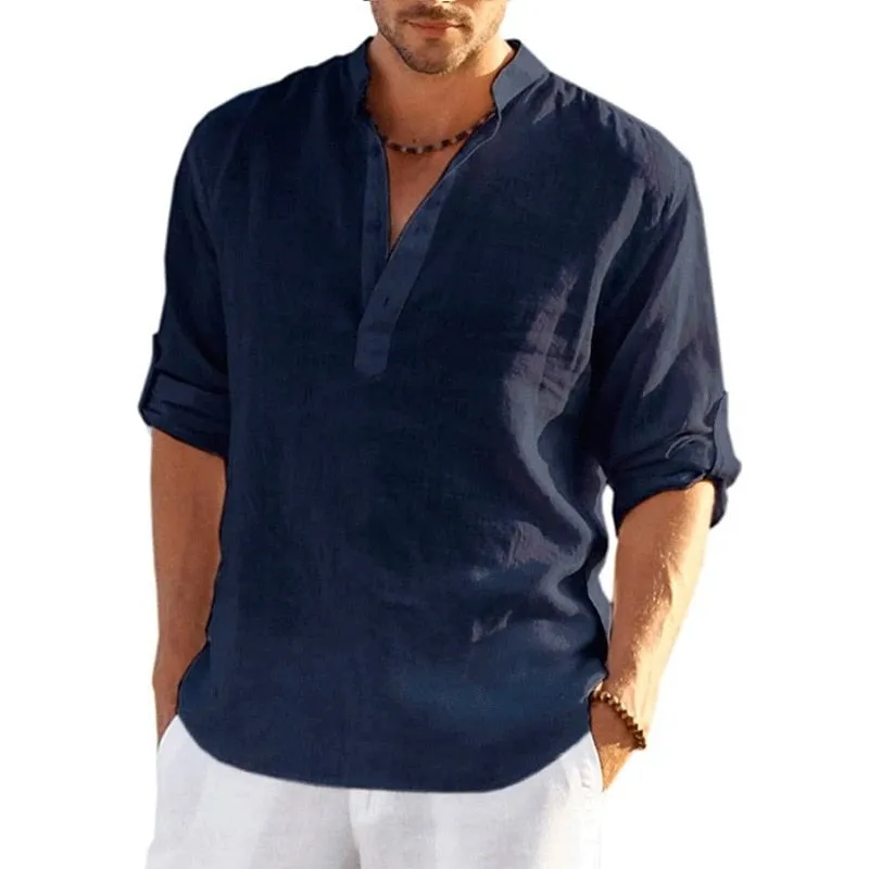 New Men&#39;s Linen Long Sleeve Shirt  Loose Casual T-Shirt Long Sleeve Cotton Linen Shirt Tops Plus Size