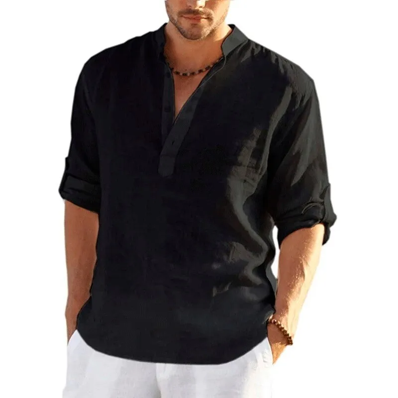 New Men&#39;s Linen Long Sleeve Shirt  Loose Casual T-Shirt Long Sleeve Cotton Linen Shirt Tops Plus Size