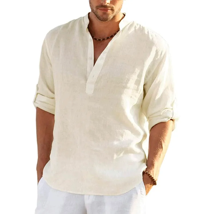 New Men&#39;s Linen Long Sleeve Shirt  Loose Casual T-Shirt Long Sleeve Cotton Linen Shirt Tops Plus Size