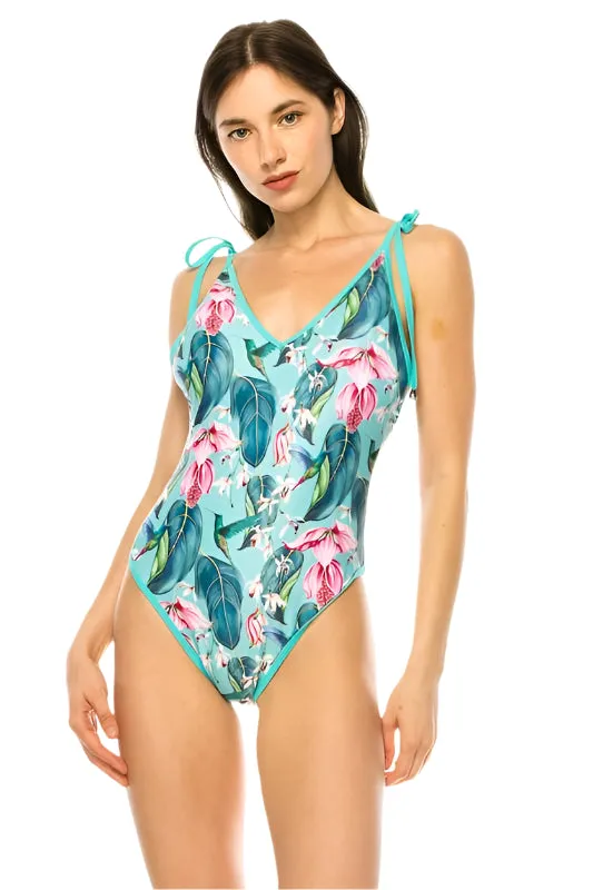 One Piece Bathing Suit Floral Print Shouler Top Ti