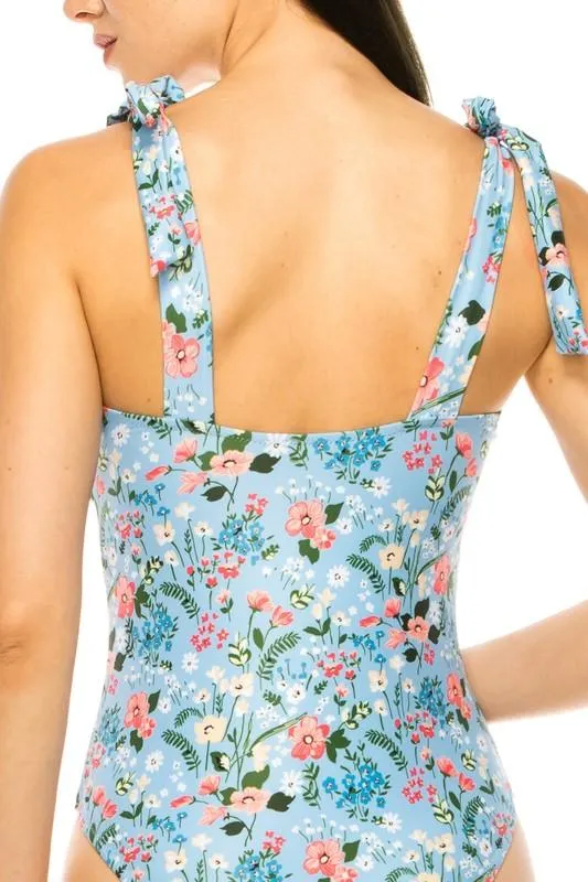 One Piece Bathing Suit Floral Print Tie Straps
