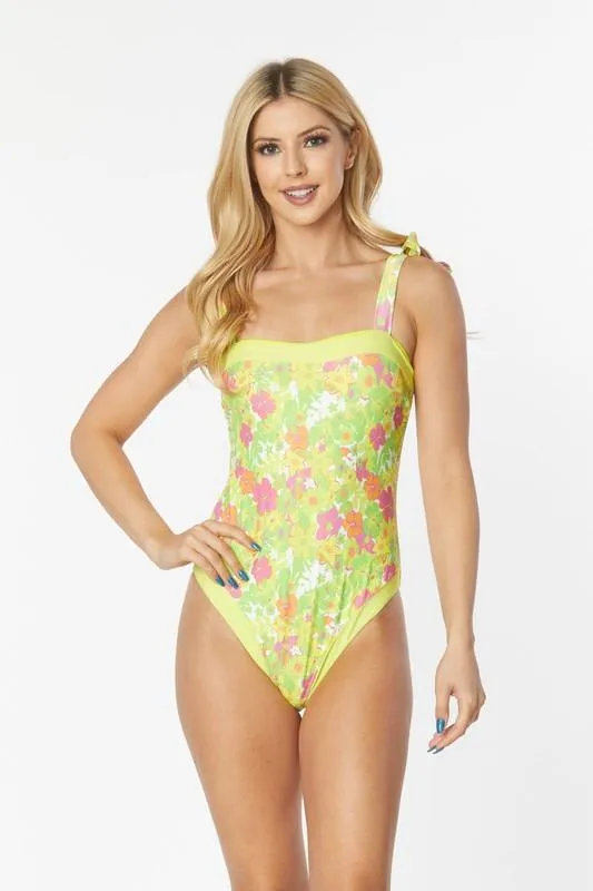One Piece Bathing Suit Floral Print Tie Straps