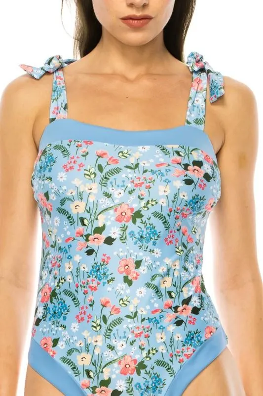 One Piece Bathing Suit Floral Print Tie Straps