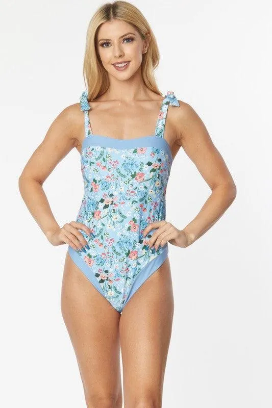One Piece Bathing Suit Floral Print Tie Straps