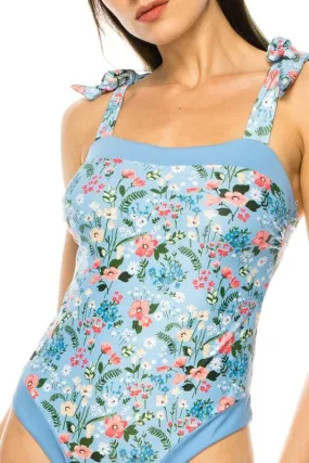 One Piece Bathing Suit Floral Print Tie Straps