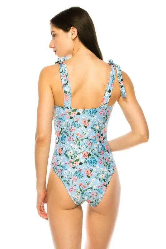 One Piece Bathing Suit Floral Print Tie Straps