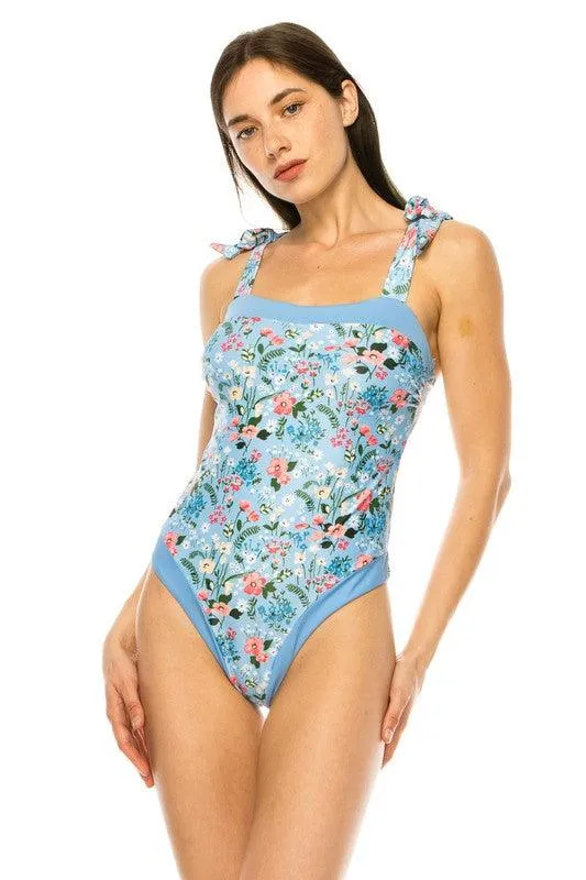 One Piece Bathing Suit Floral Print Tie Straps