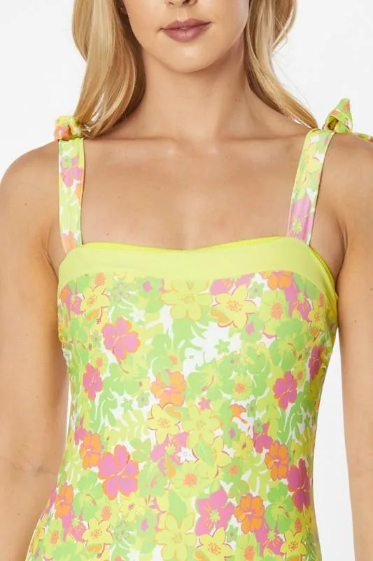 One Piece Bathing Suit Floral Print Tie Straps