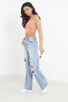 PALE BLUE WIDE LEG RIPPED HIGH WAISTED DENIM JEANS