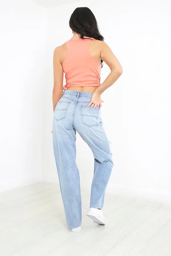 PALE BLUE WIDE LEG RIPPED HIGH WAISTED DENIM JEANS