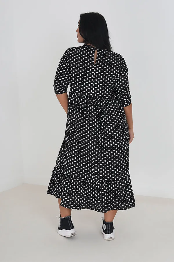PLUS SIZE FLORAL PRINT V-NECK PUFFY MIDI DRESS