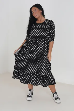 PLUS SIZE FLORAL PRINT V-NECK PUFFY MIDI DRESS