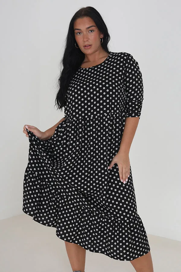 PLUS SIZE FLORAL PRINT V-NECK PUFFY MIDI DRESS
