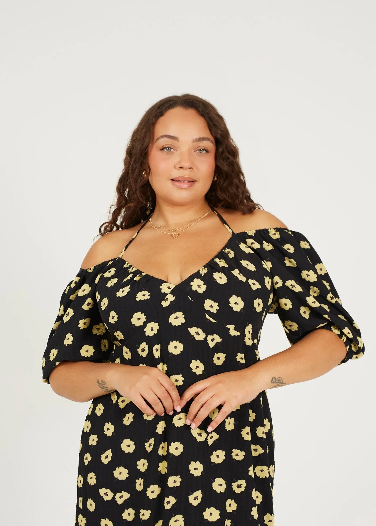 PLUS SIZE FLORAL TIE BACK TIERED MIDI DRESS
