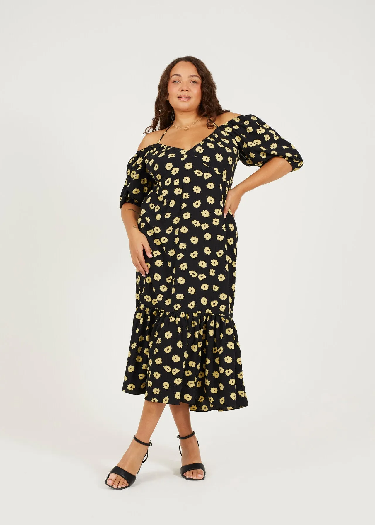 PLUS SIZE FLORAL TIE BACK TIERED MIDI DRESS
