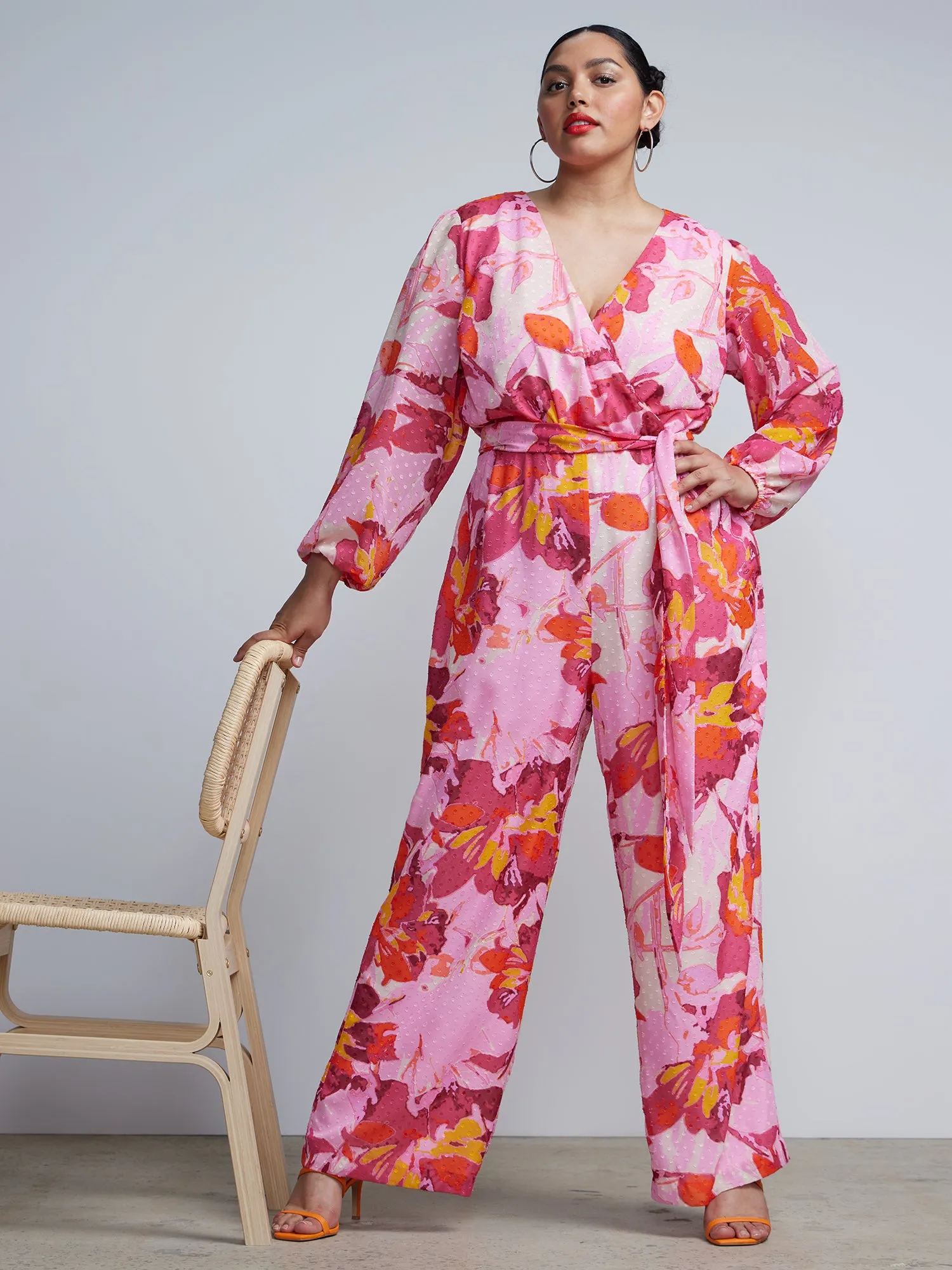 Plus Surplice Neck Knit Floral Jumpsuit