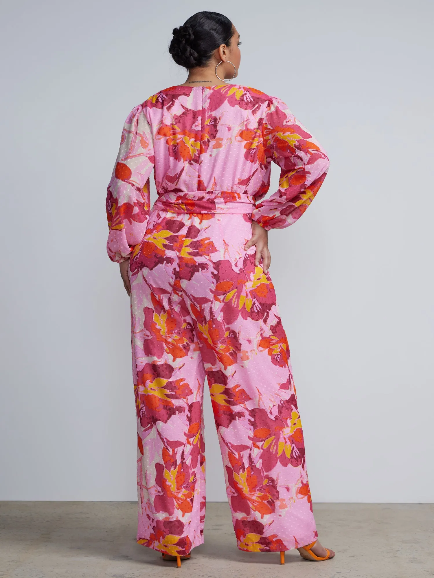 Plus Surplice Neck Knit Floral Jumpsuit