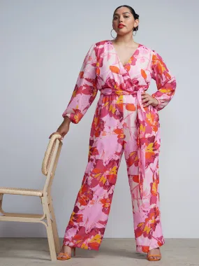 Plus Surplice Neck Knit Floral Jumpsuit