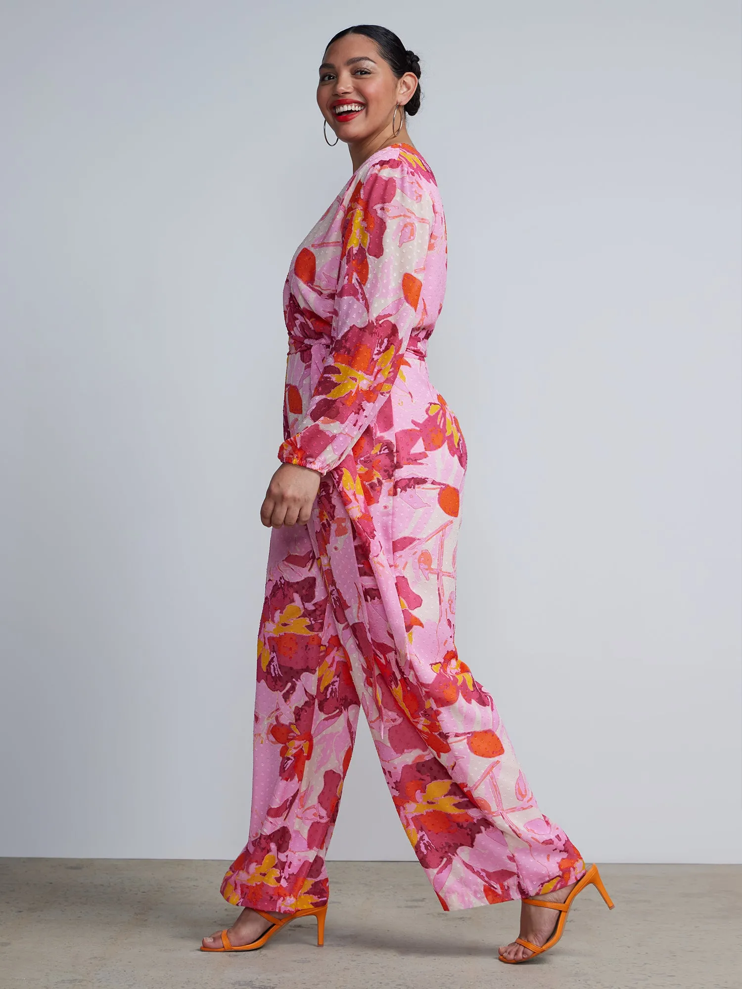 Plus Surplice Neck Knit Floral Jumpsuit
