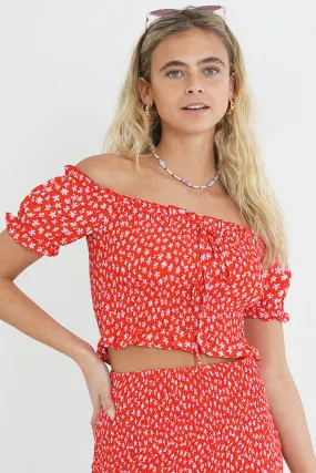 RED DITSY FLORAL PRINT SHIRRED BARDOT CROP TOP