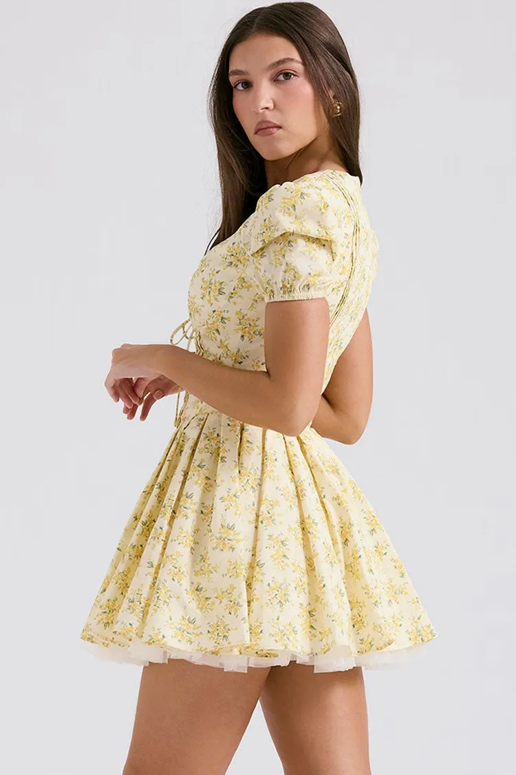 Retro Ditsy Floral Plunge Short Sleeve Tulle Summer Vacation Mini Dress