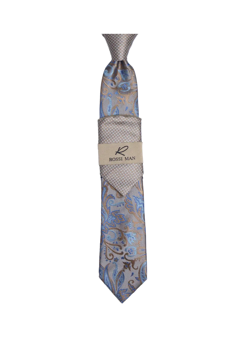 Rossi Man Gray-Blue Paisley Ties and Hanky Set