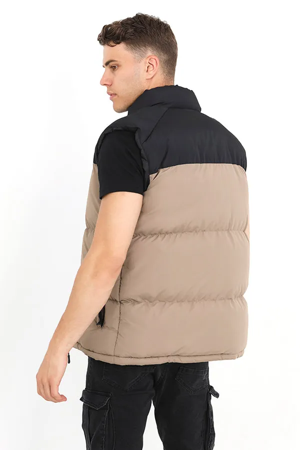 STONE AND BLACK BLOCK COLOUR ZIP THROUGH GILET