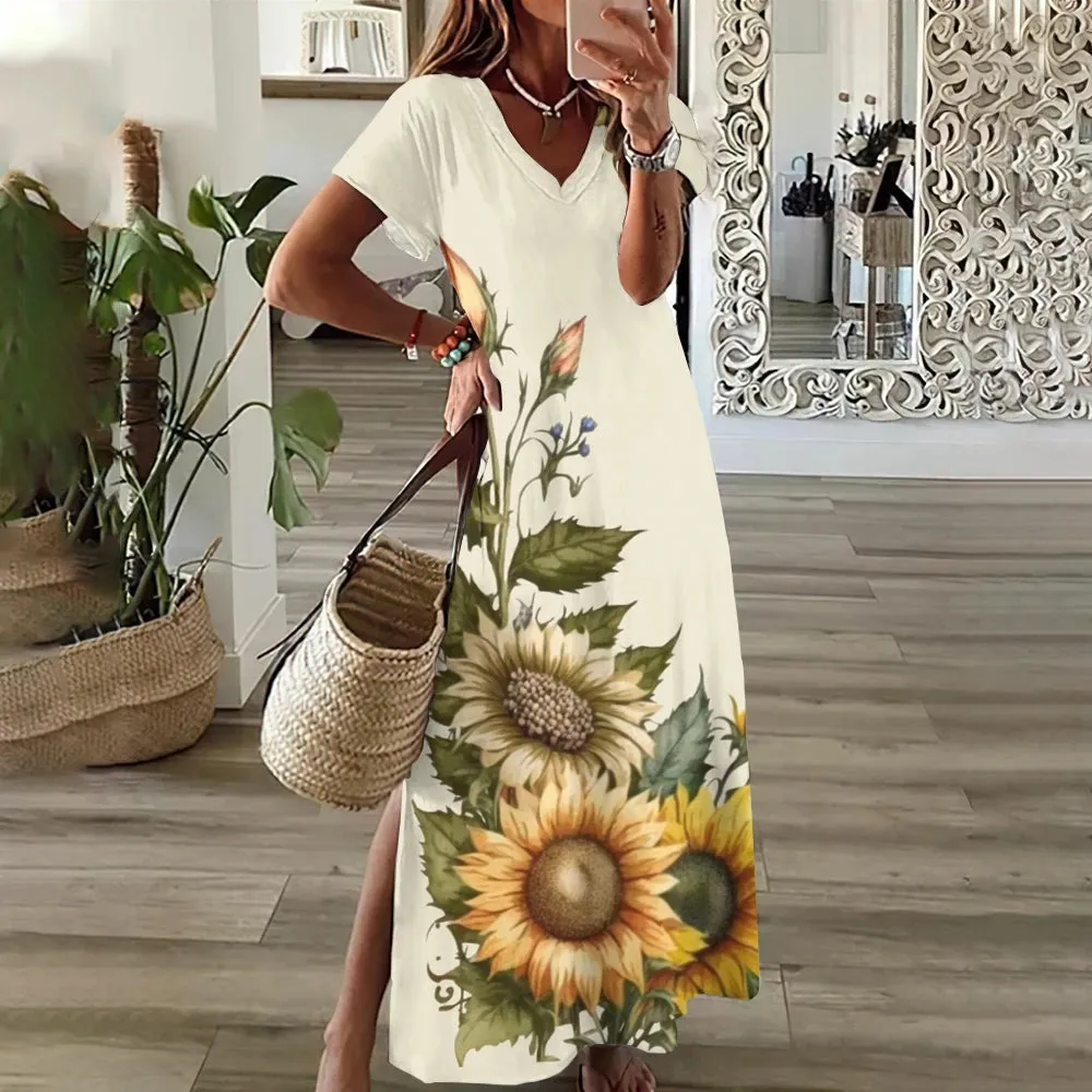 Sunflower Print Floral Graphic Dresses For Women's Plus Size Elegant Midi Dress