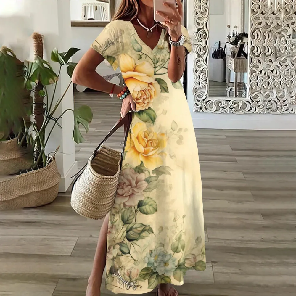 Sunflower Print Floral Graphic Dresses For Women's Plus Size Elegant Midi Dress