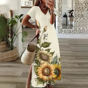 Sunflower Print Floral Graphic Dresses For Women's Plus Size Elegant Midi Dress