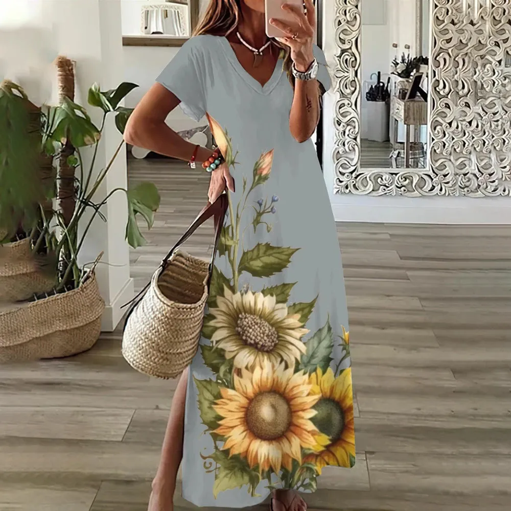 Sunflower Print Floral Graphic Dresses For Women's Plus Size Elegant Midi Dress