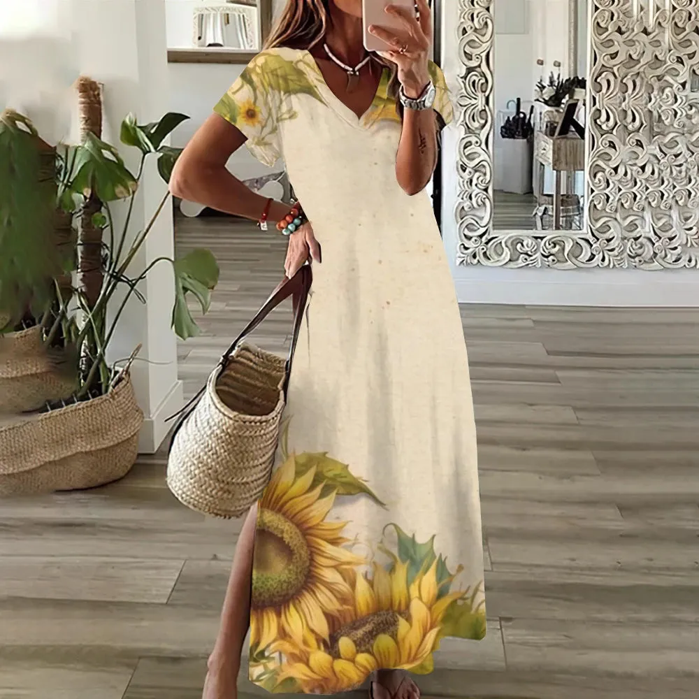 Sunflower Print Floral Graphic Dresses For Women's Plus Size Elegant Midi Dress