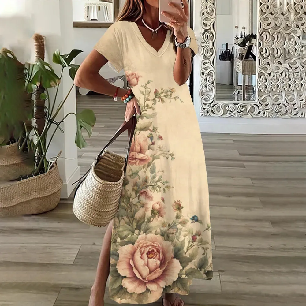 Sunflower Print Floral Graphic Dresses For Women's Plus Size Elegant Midi Dress