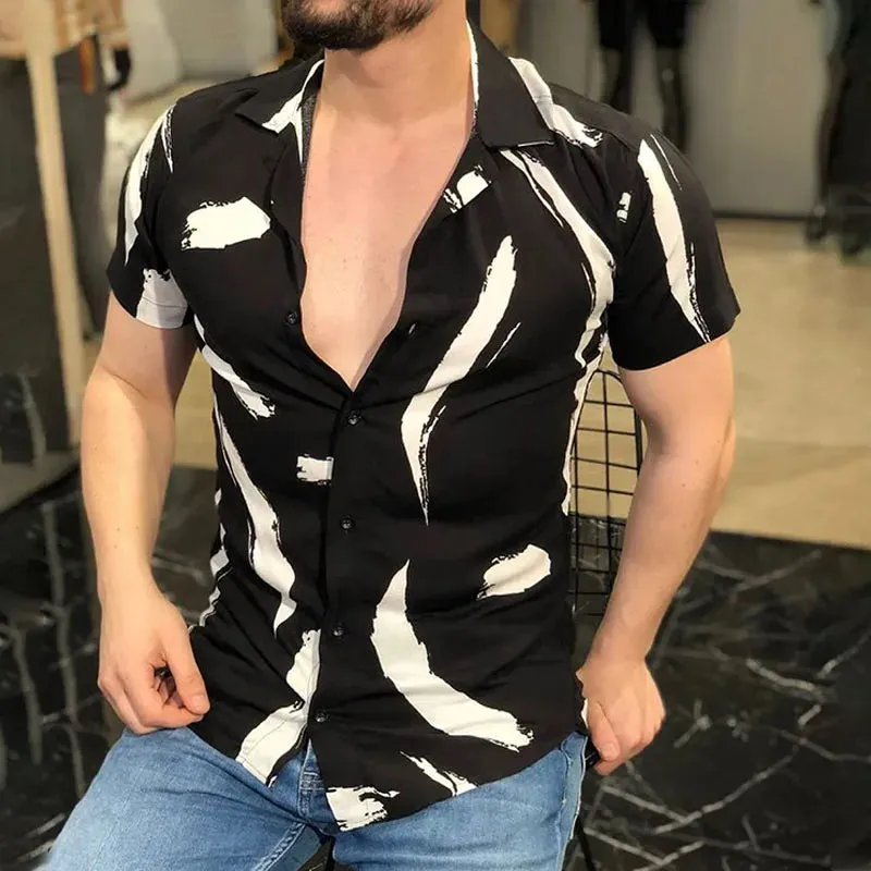Wiaofellas  -  Summer Men's Shirts Sstripe Graffiti Print Hawaiian Shirts Single Row Button Short Sleeves Men's Tops Fashion Loose Shirts