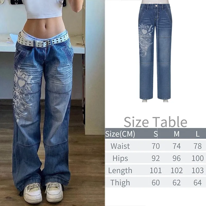 Wjczt Tawnie Printed Baggy Y2K Jeans Women's Low Waist jeans Autumn Winter Oversize Wide Leg Baggy Pants Casual Cargo Trousers