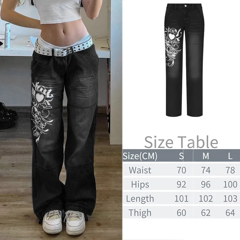Wjczt Tawnie Printed Baggy Y2K Jeans Women's Low Waist jeans Autumn Winter Oversize Wide Leg Baggy Pants Casual Cargo Trousers
