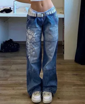 Wjczt Tawnie Printed Baggy Y2K Jeans Women's Low Waist jeans Autumn Winter Oversize Wide Leg Baggy Pants Casual Cargo Trousers