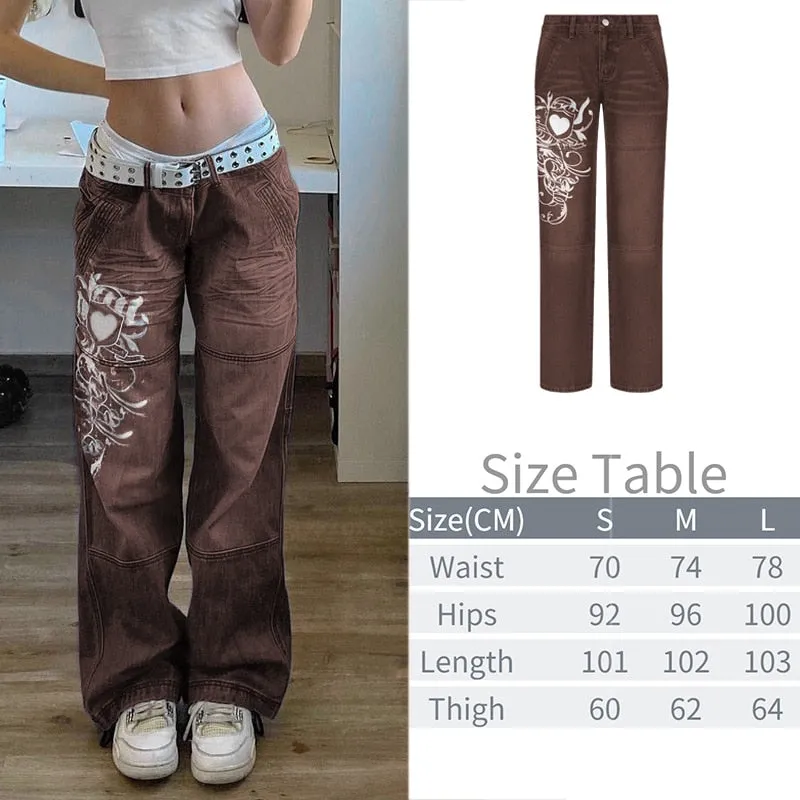 Wjczt Tawnie Printed Baggy Y2K Jeans Women's Low Waist jeans Autumn Winter Oversize Wide Leg Baggy Pants Casual Cargo Trousers