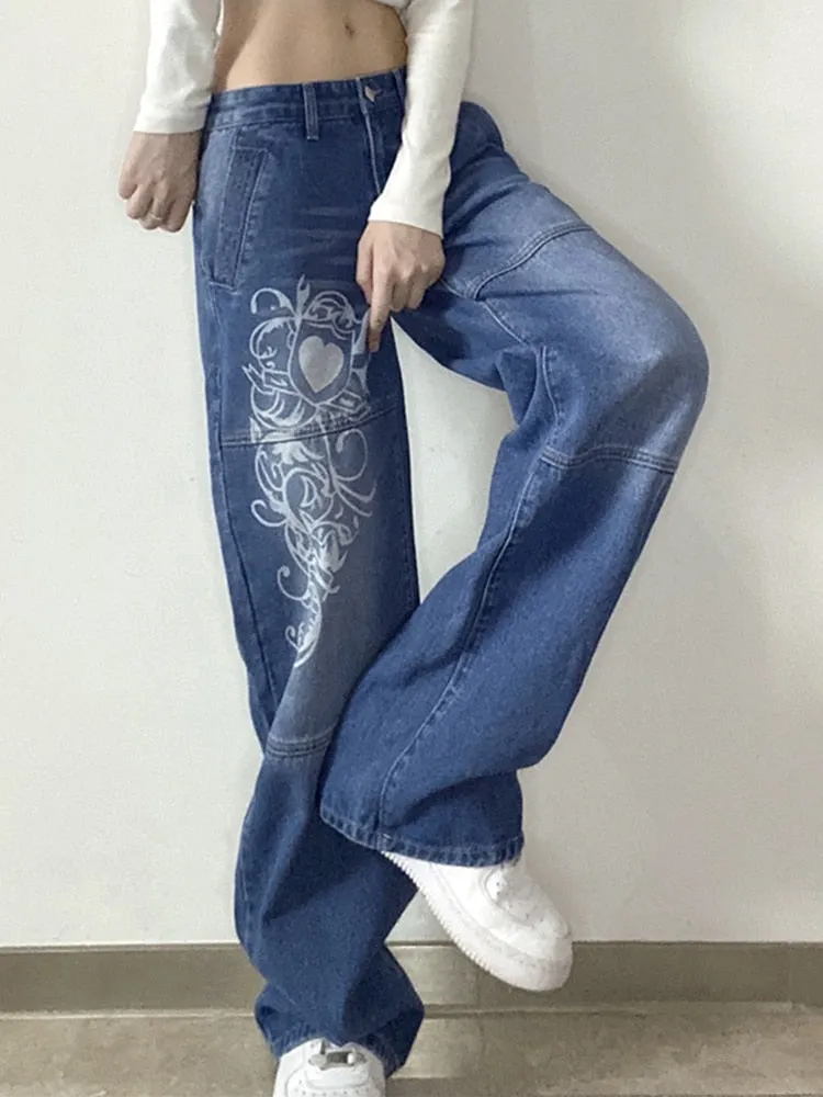 Wjczt Tawnie Printed Baggy Y2K Jeans Women's Low Waist jeans Autumn Winter Oversize Wide Leg Baggy Pants Casual Cargo Trousers