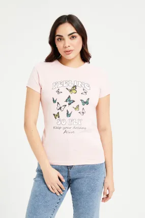 Women Mauve Butterfly Printed T-Shirt