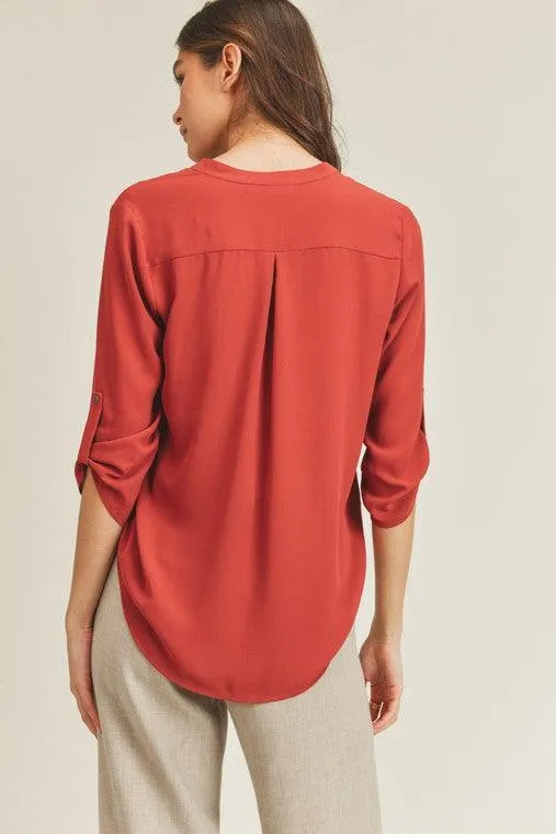 Womens Roll Sleeve V-Neck Top