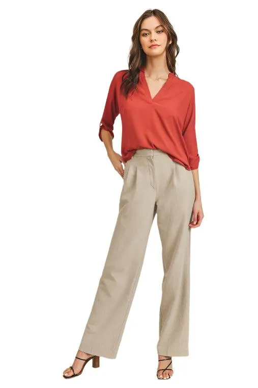 Womens Roll Sleeve V-Neck Top