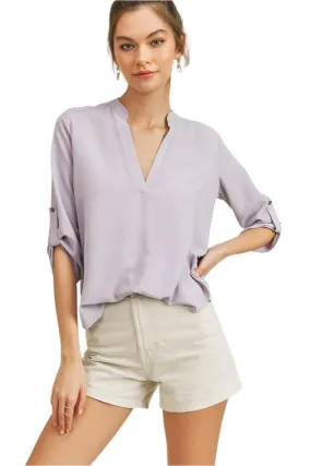 Womens Roll Sleeve V-Neck Top