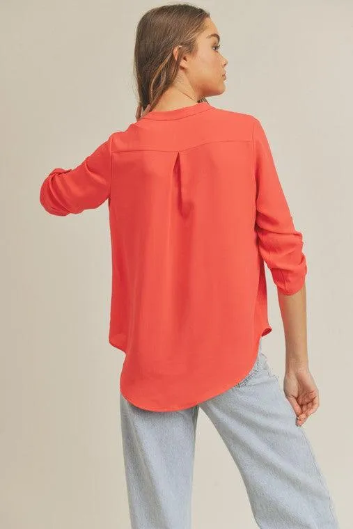 Womens Roll Sleeve V-Neck Top