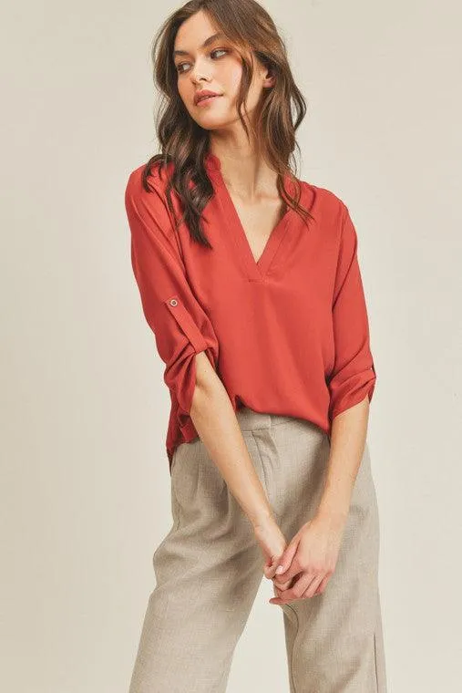 Womens Roll Sleeve V-Neck Top
