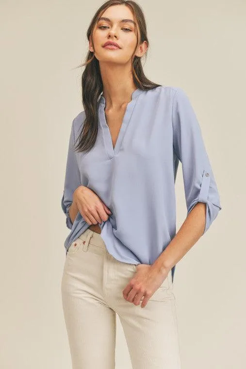 Womens Roll Sleeve V-Neck Top
