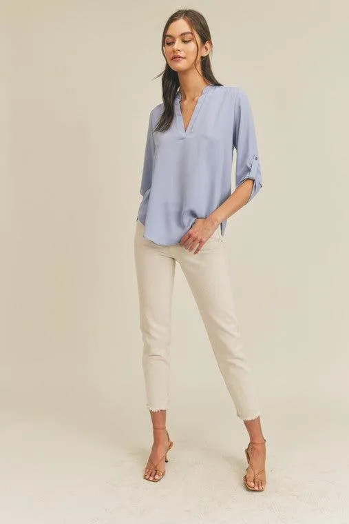 Womens Roll Sleeve V-Neck Top