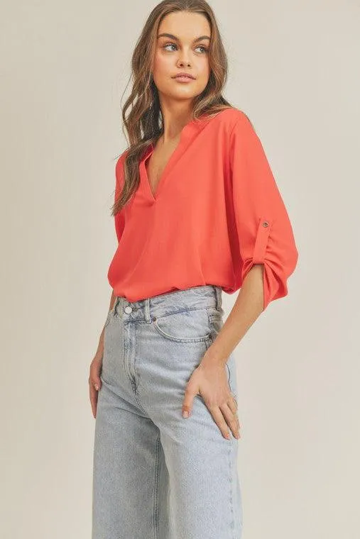 Womens Roll Sleeve V-Neck Top
